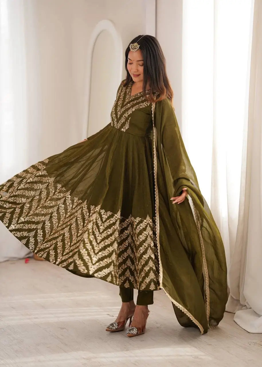 Chevron Sequin Crinkle Silk Anarkali