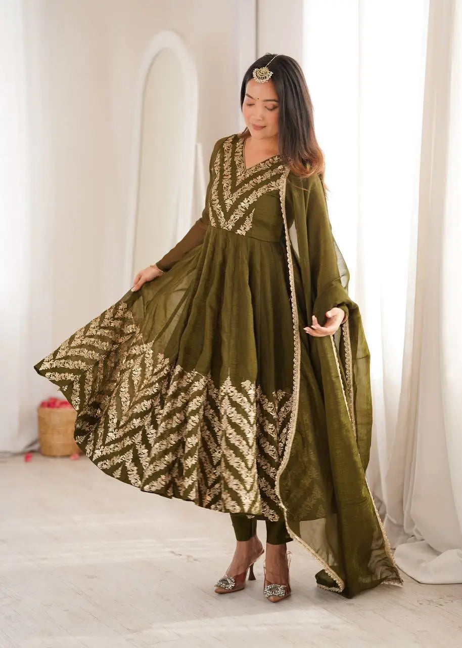 Chevron Sequin Crinkle Silk Anarkali