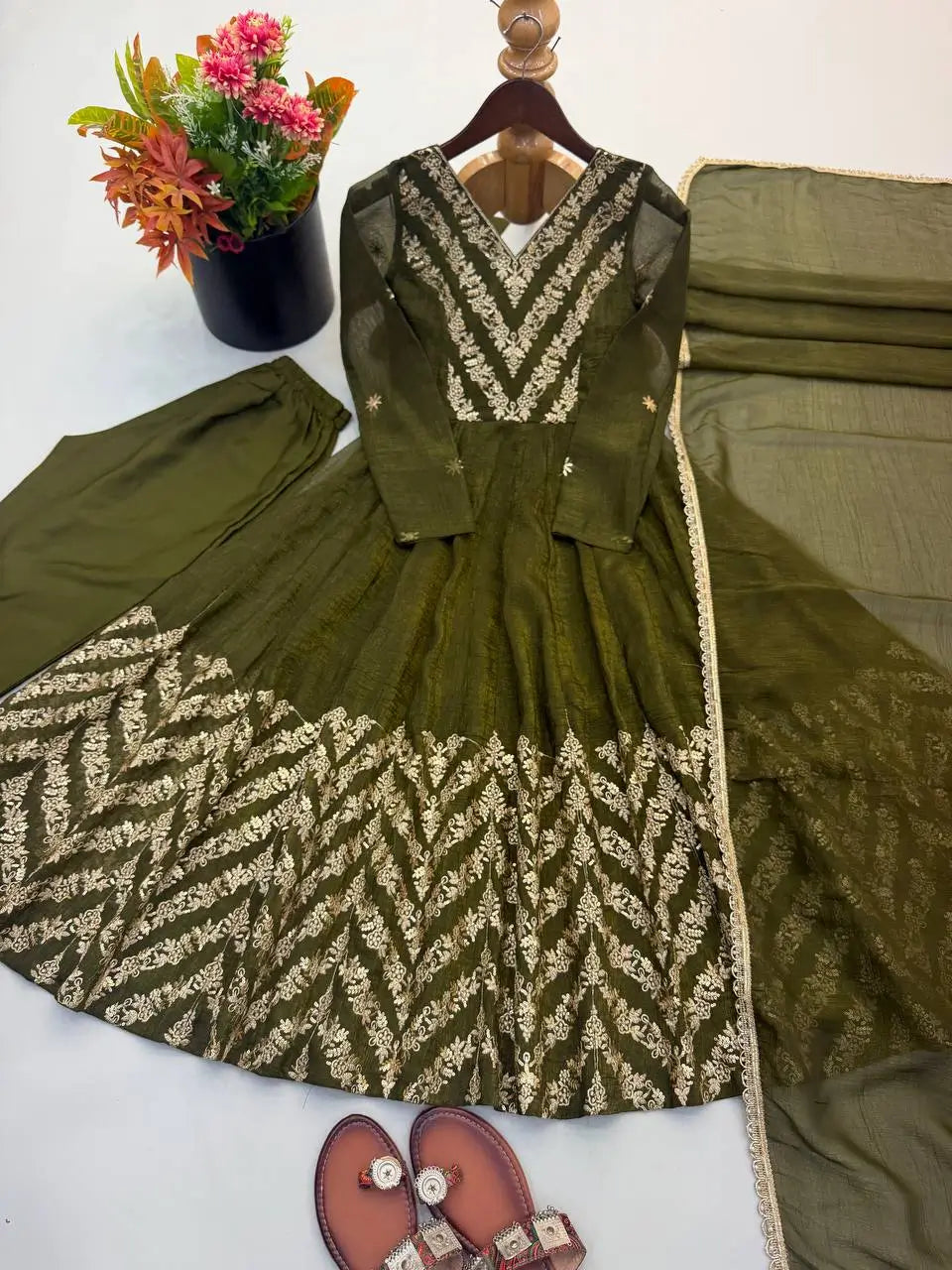 Chevron Sequin Crinkle Silk Anarkali