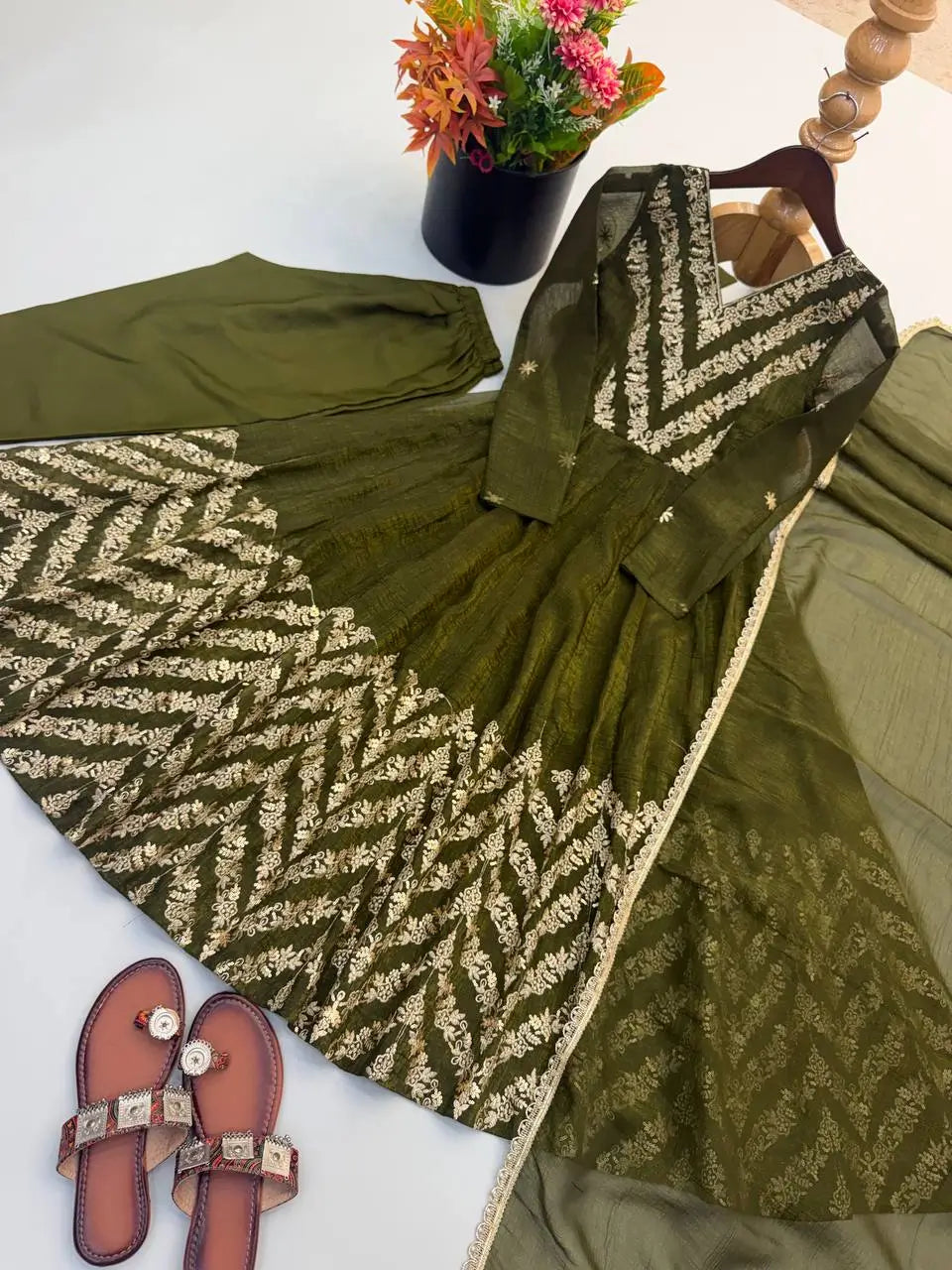 Chevron Sequin Crinkle Silk Anarkali