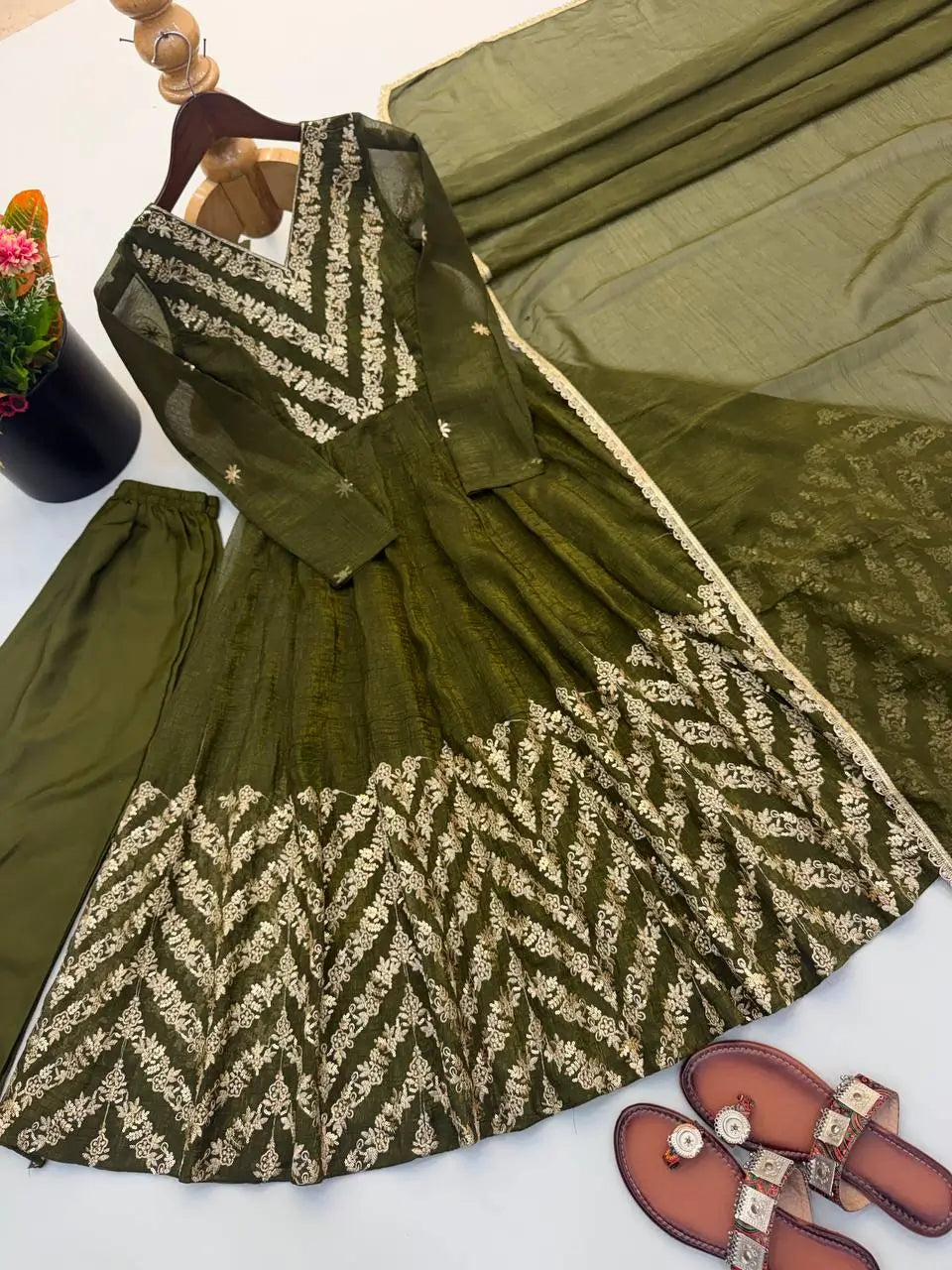 Chevron Sequin Crinkle Silk Anarkali