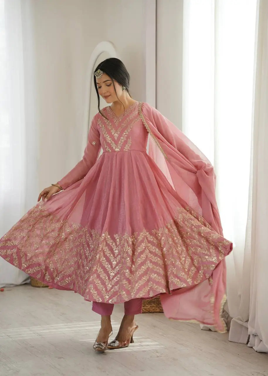 Chevron Sequin Crinkle Silk Anarkali