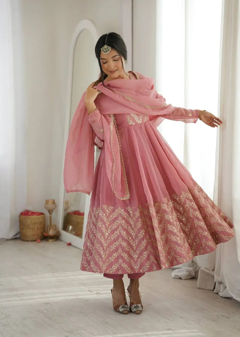 Chevron Sequin Crinkle Silk Anarkali