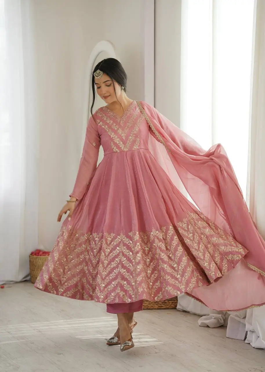 Chevron Sequin Crinkle Silk Anarkali