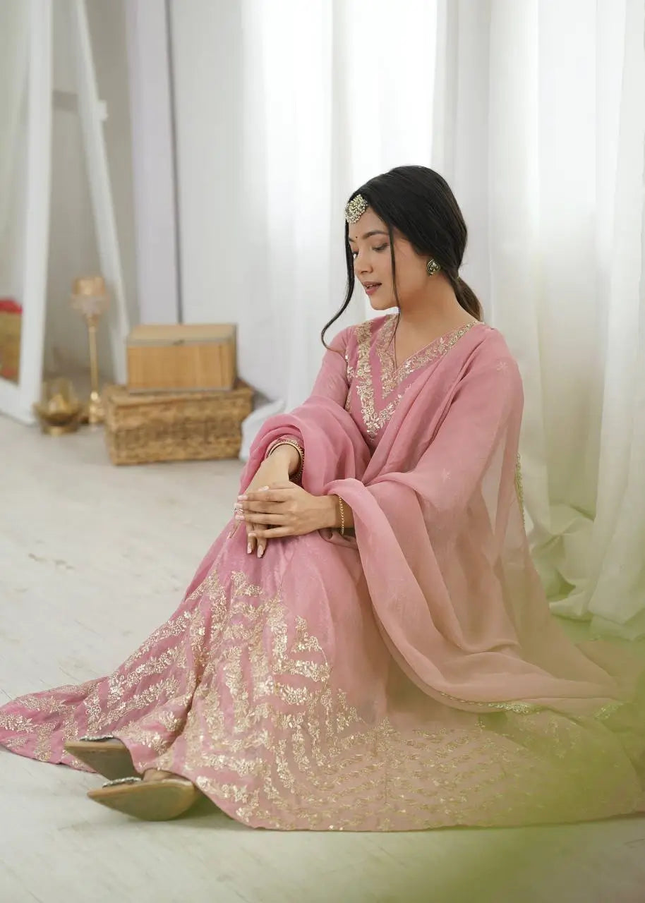 Chevron Sequin Crinkle Silk Anarkali