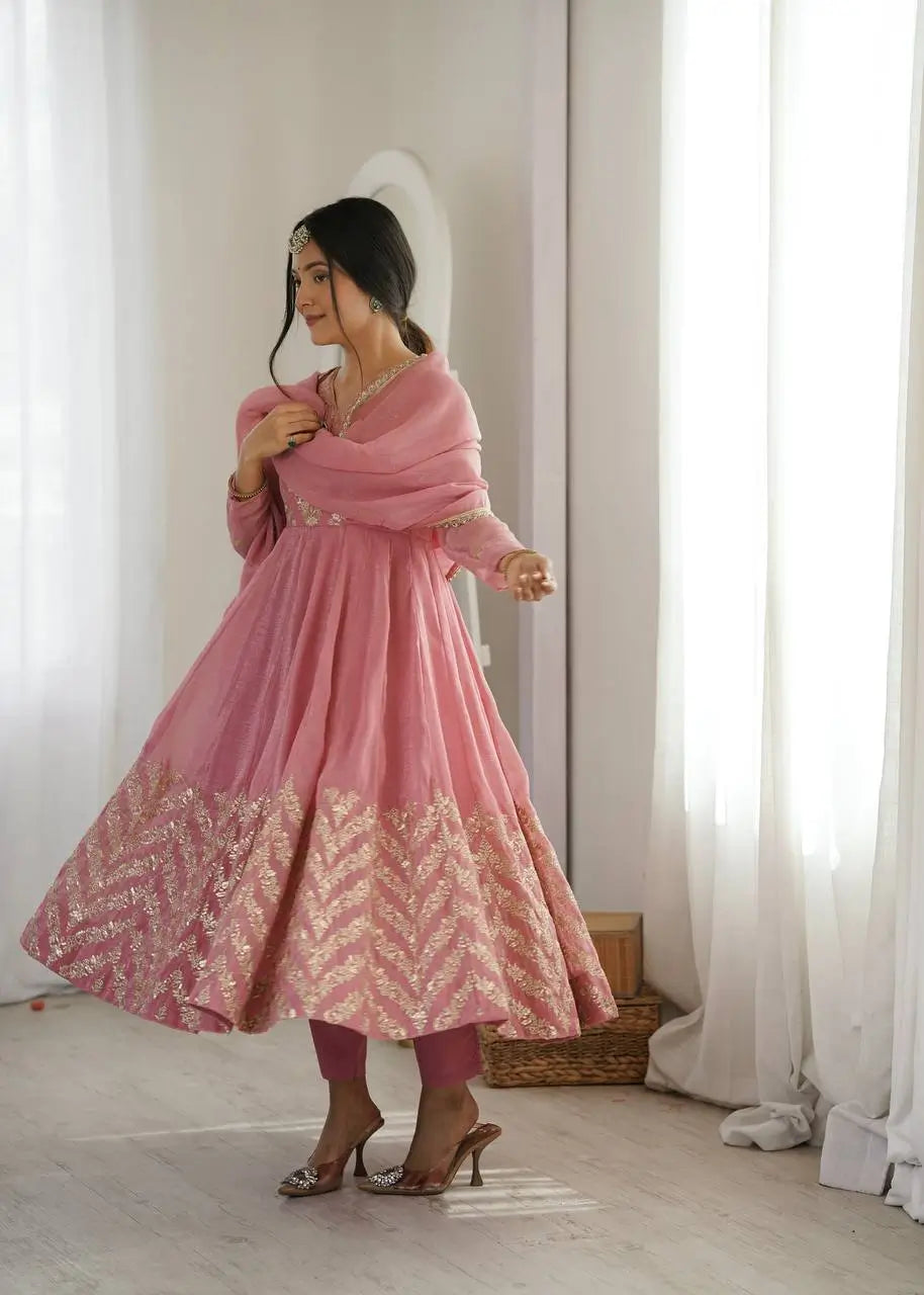 Chevron Sequin Crinkle Silk Anarkali