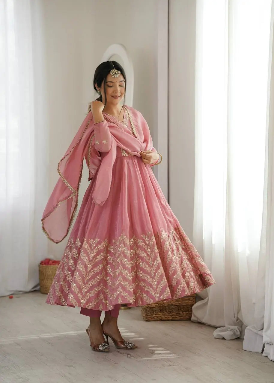 Chevron Sequin Crinkle Silk Anarkali