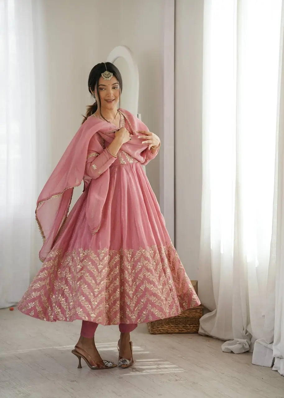 Chevron Sequin Crinkle Silk Anarkali