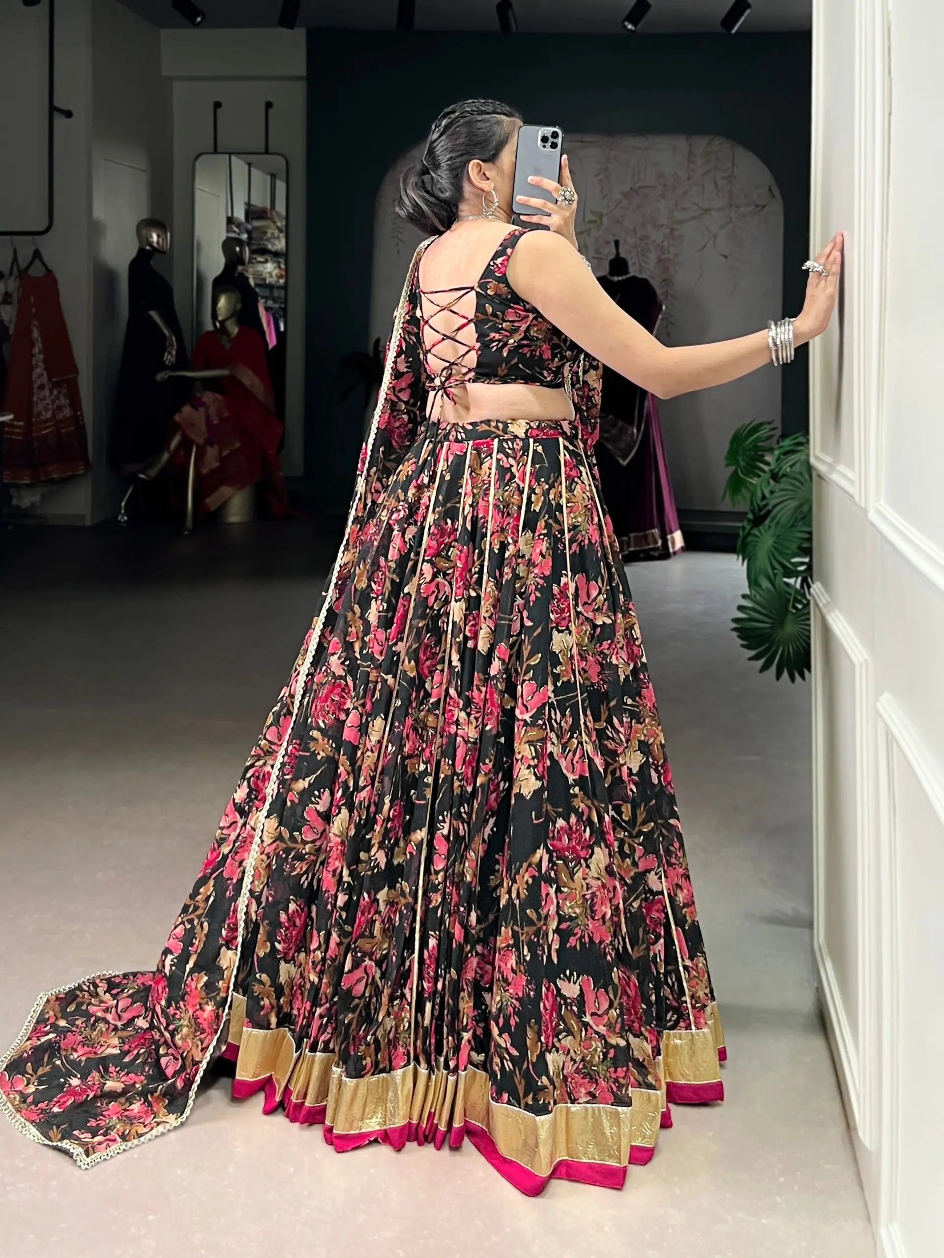 Chiffon Floral Foil Print Lehenga Set