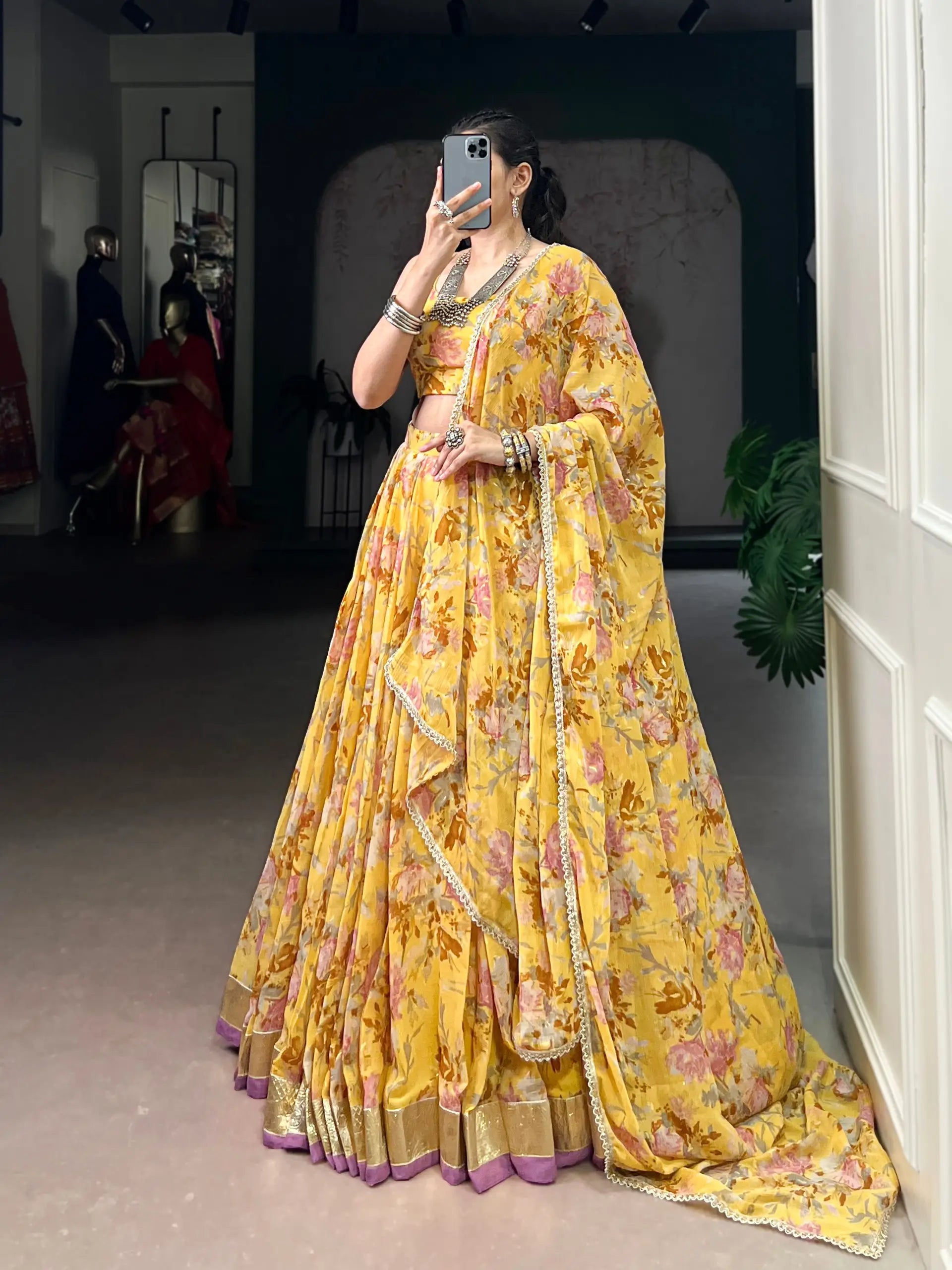 Chiffon Floral Foil Print Lehenga Set