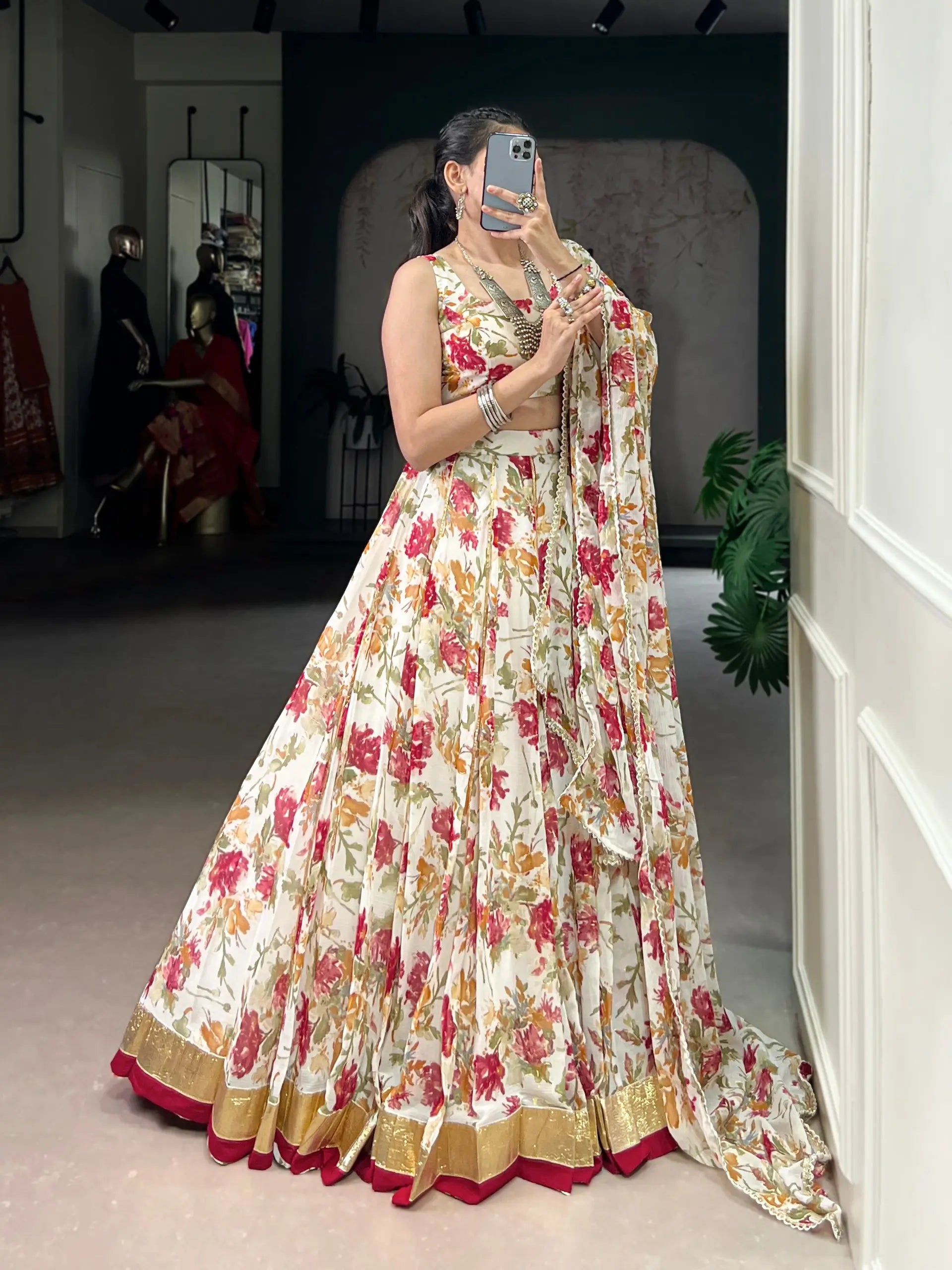 Chiffon Floral Foil Print Lehenga Set
