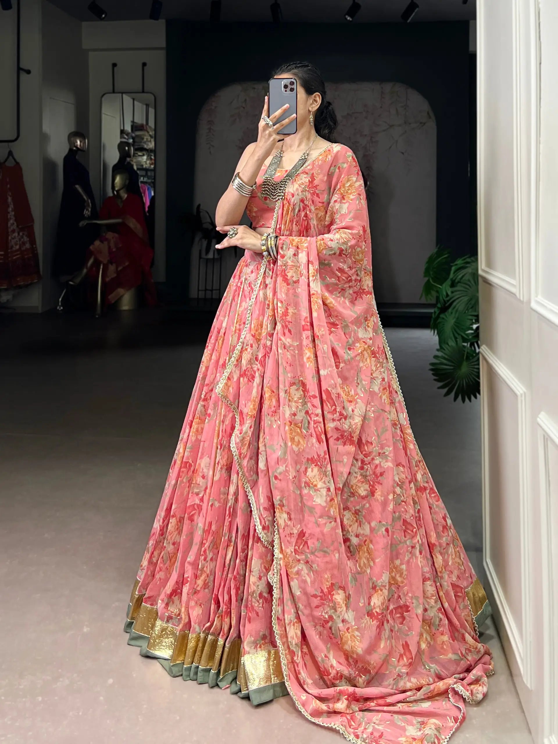 Chiffon Floral Foil Print Lehenga Set