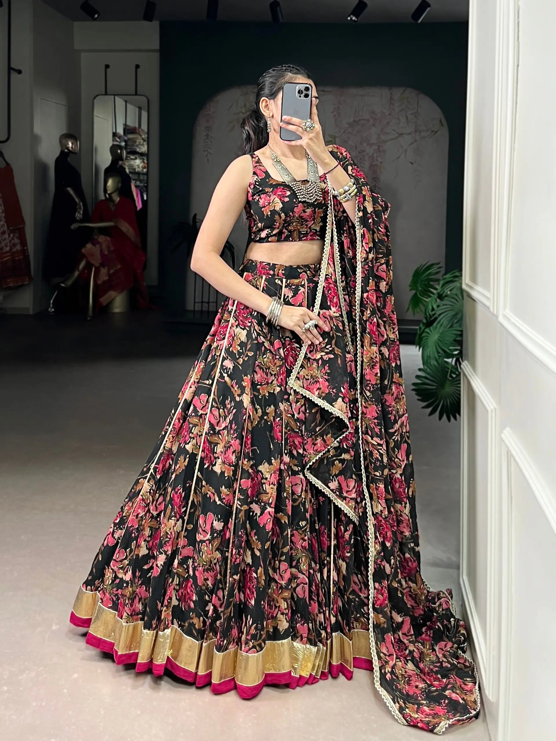 Chiffon Floral Foil Print Lehenga Set