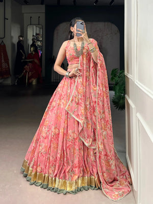 Chiffon Floral Foil Print Lehenga Set