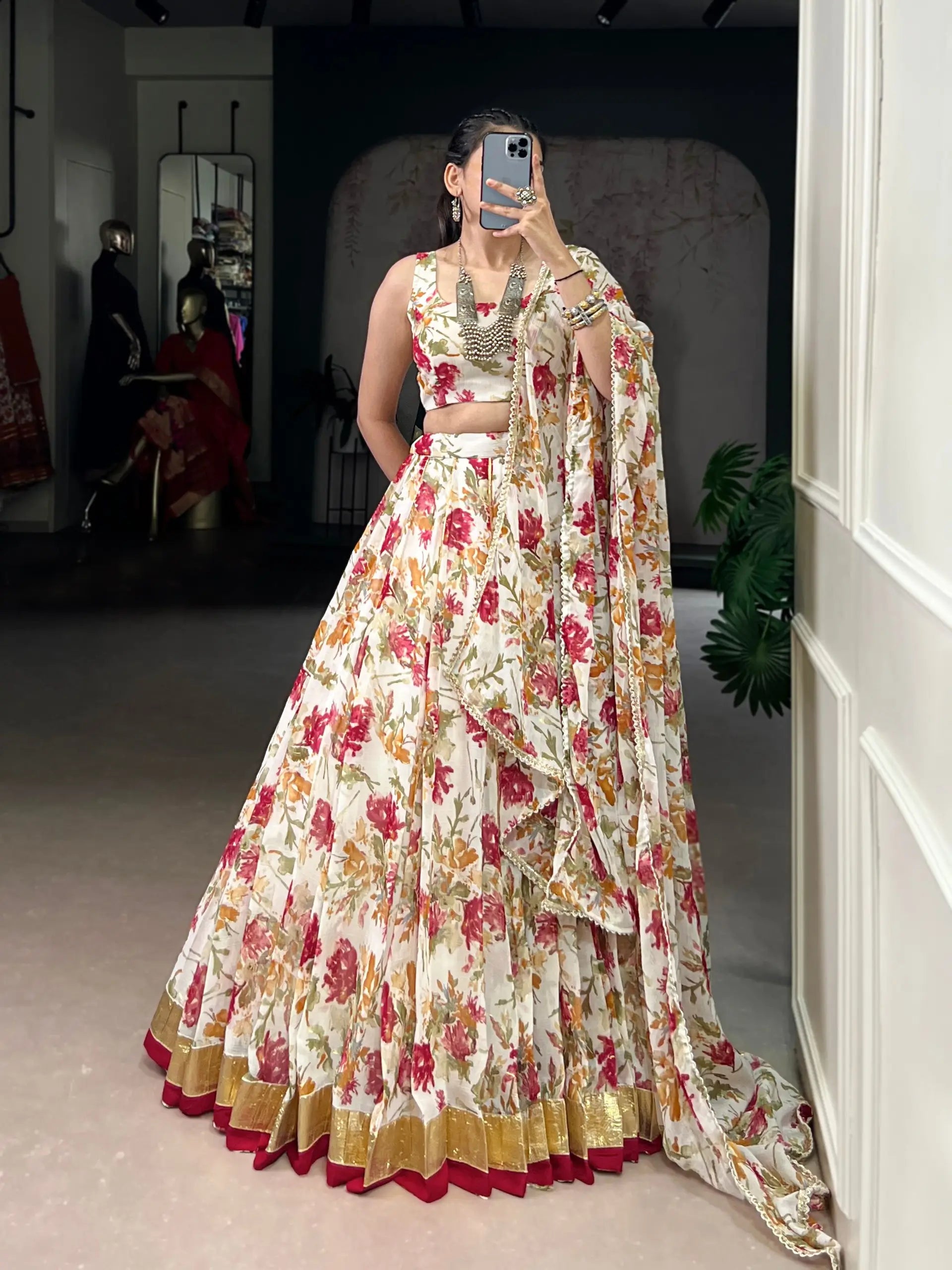 Chiffon Floral Foil Print Lehenga Set