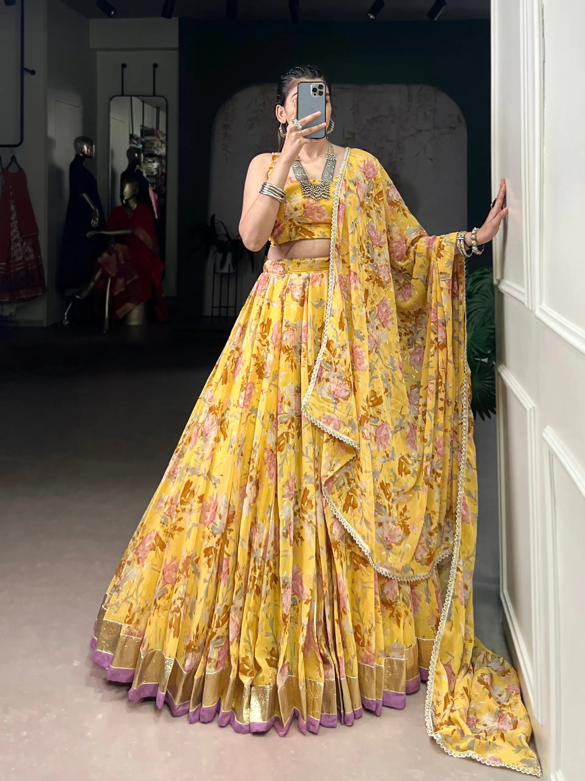 Chiffon Floral Foil Print Lehenga Set