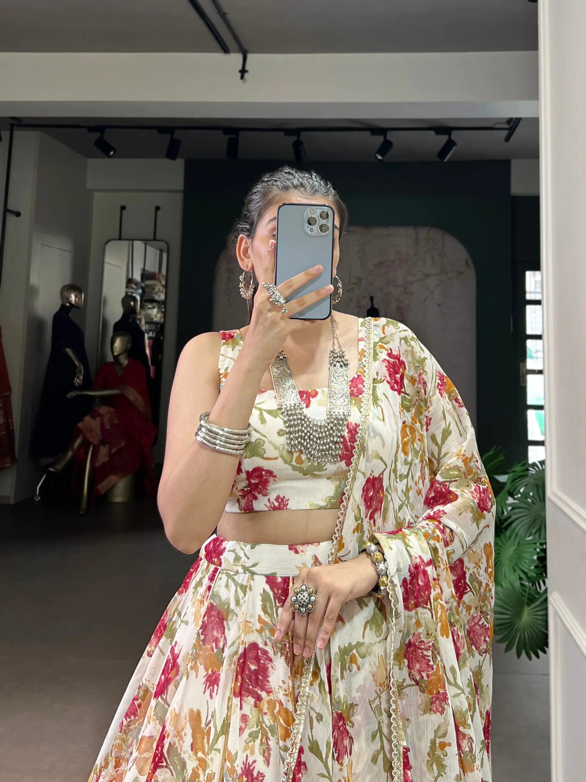 Chiffon Floral Foil Print Lehenga Set