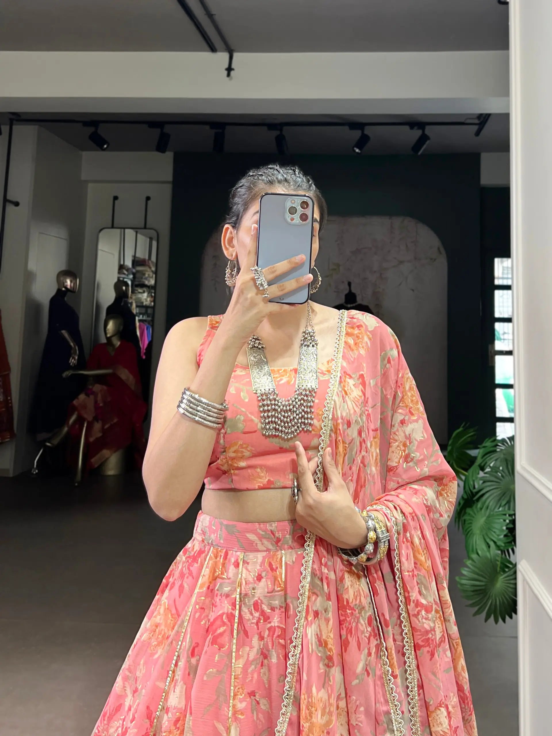 Chiffon Floral Foil Print Lehenga Set