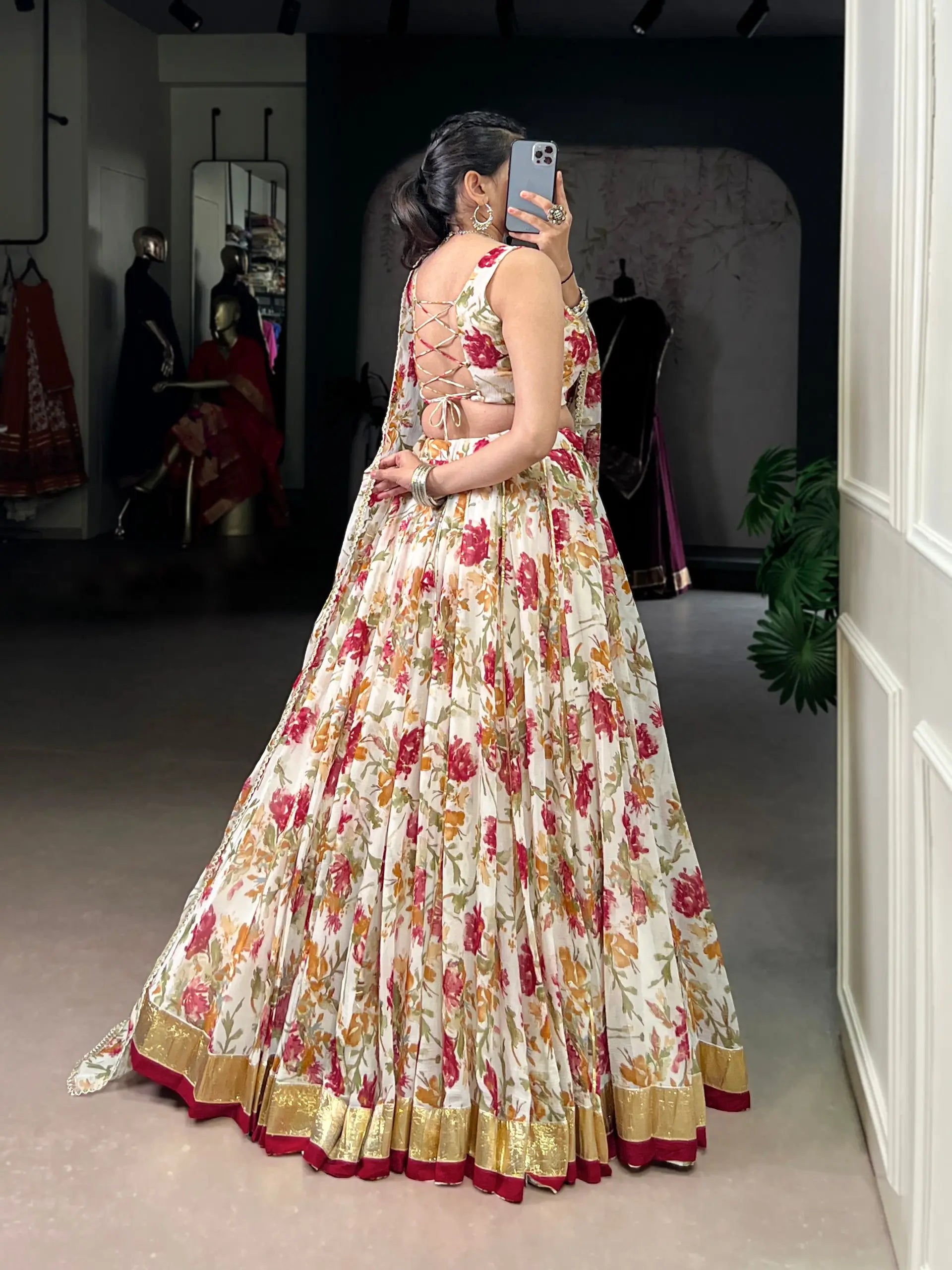 Chiffon Floral Foil Print Lehenga Set