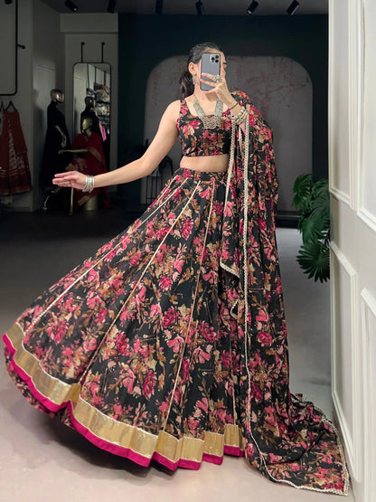 Chiffon Floral Foil Print Lehenga Set