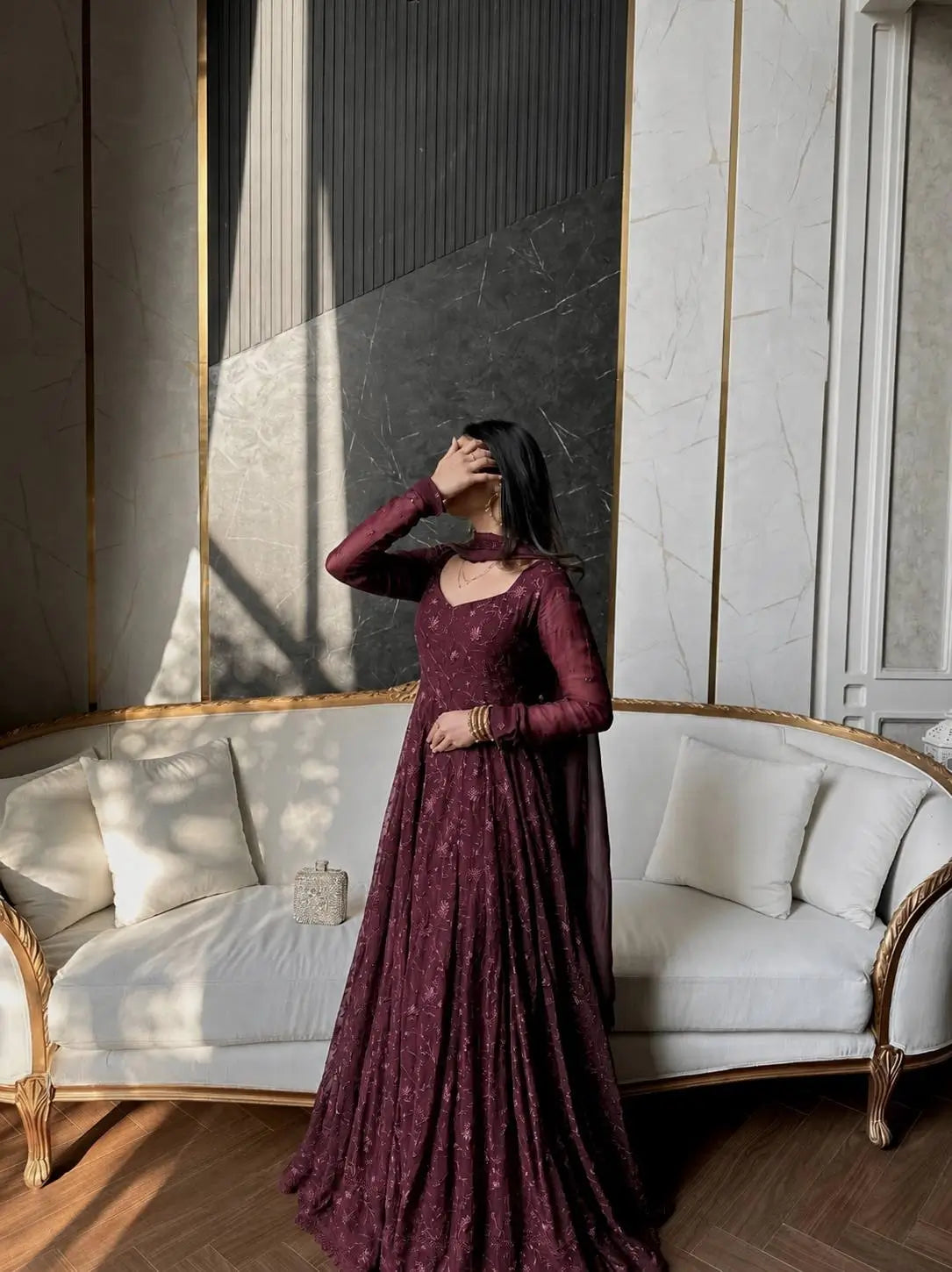 Chikankari Star Georgette Gown with GPO Lace Border