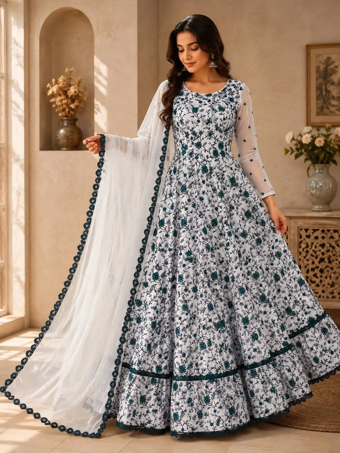 Chikankari Star Georgette Gown with GPO Lace Border