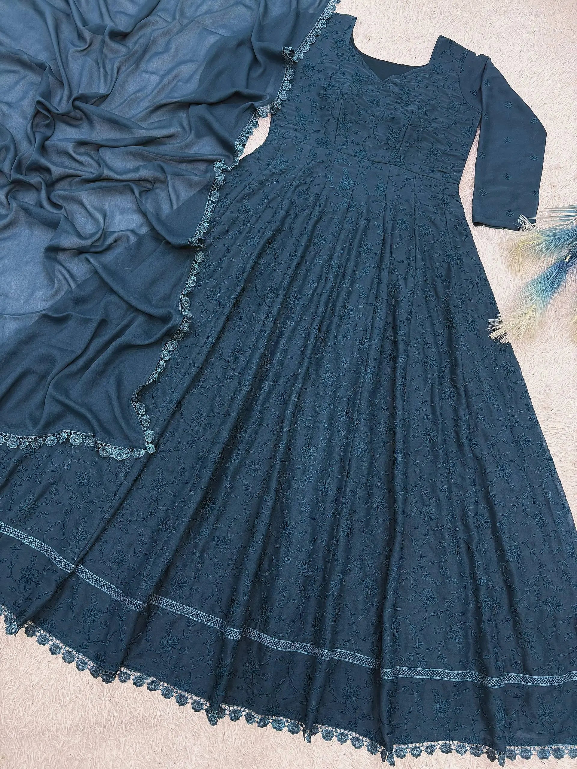 Chikankari Star Georgette Gown with GPO Lace Border