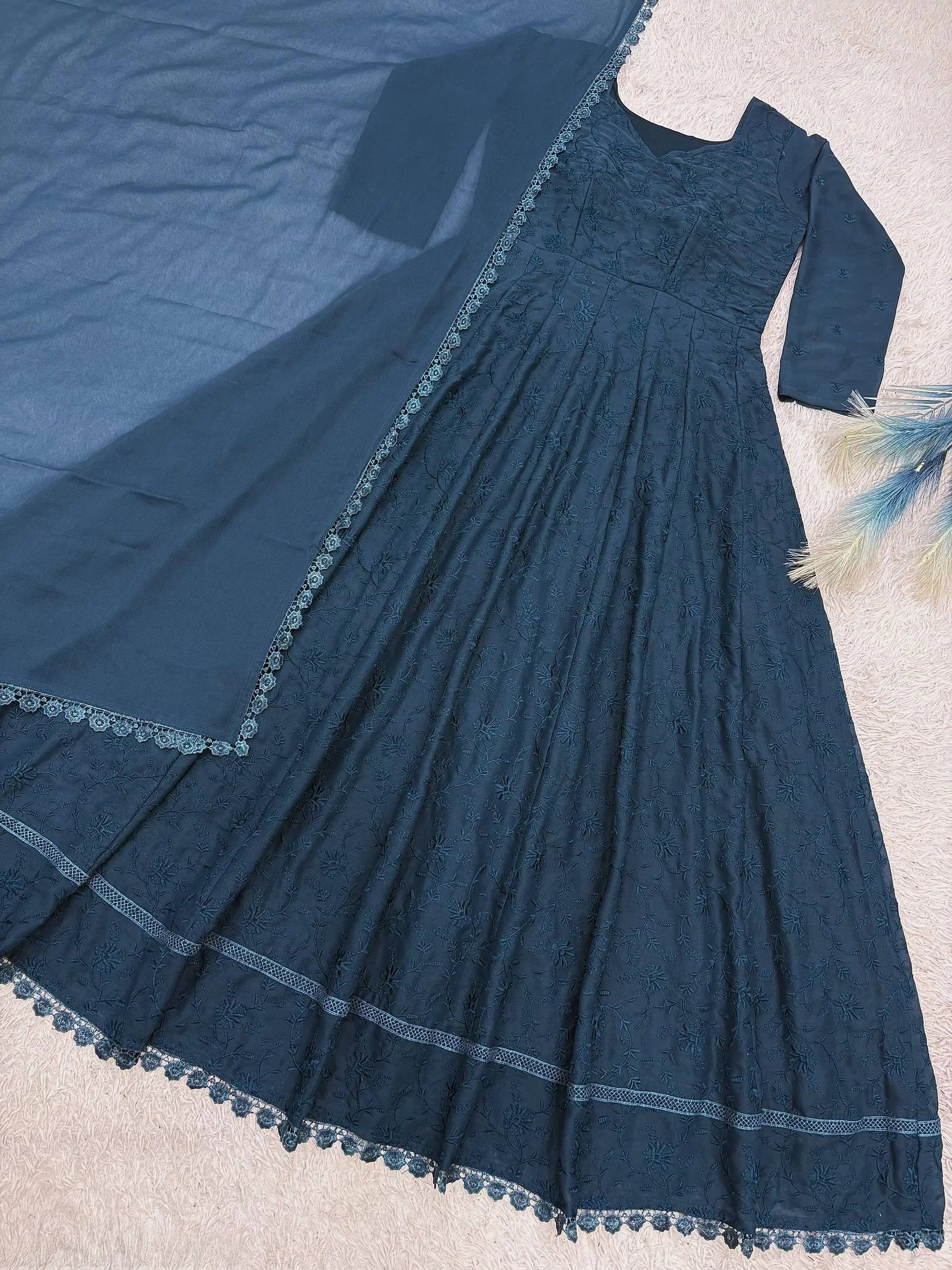 Chikankari Star Georgette Gown with GPO Lace Border