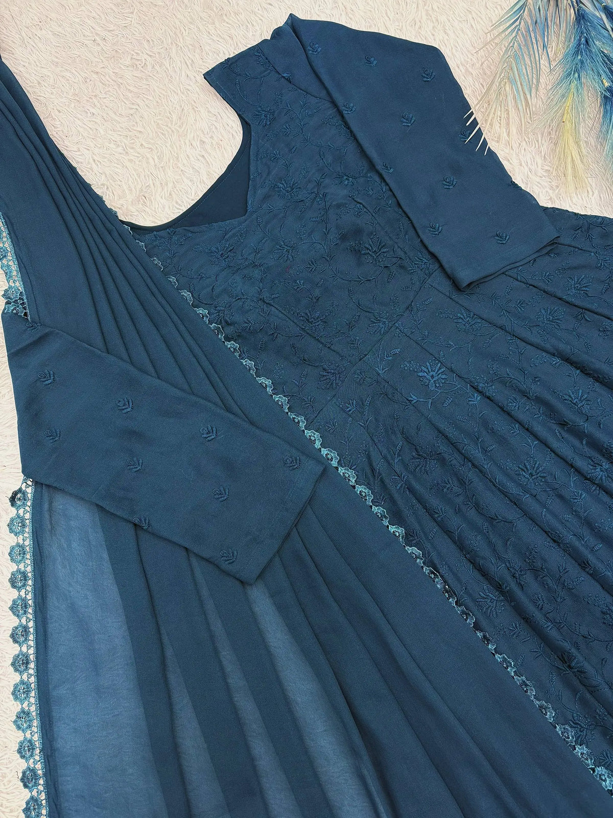 Chikankari Star Georgette Gown with GPO Lace Border