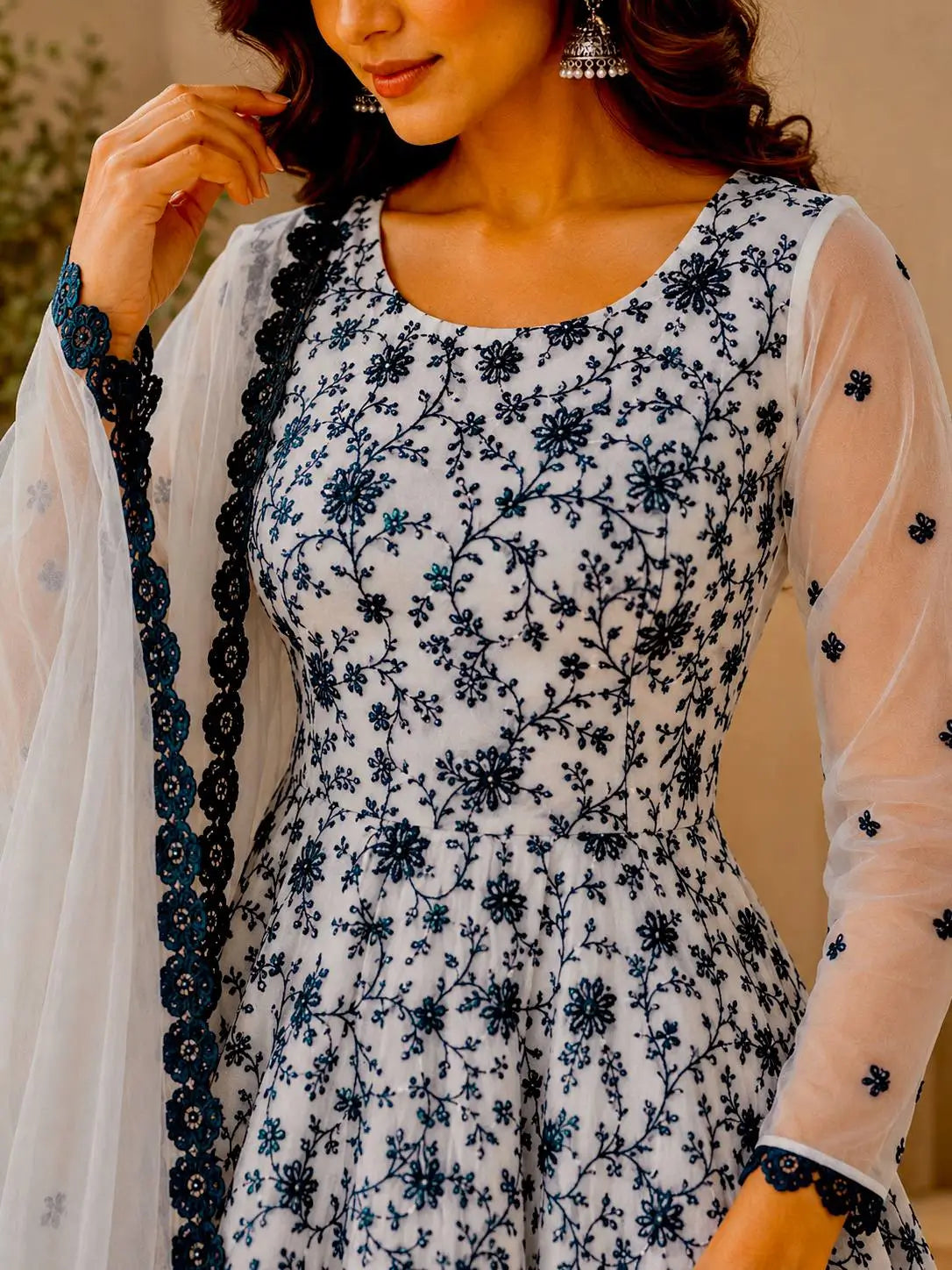 Chikankari Star Georgette Gown with GPO Lace Border