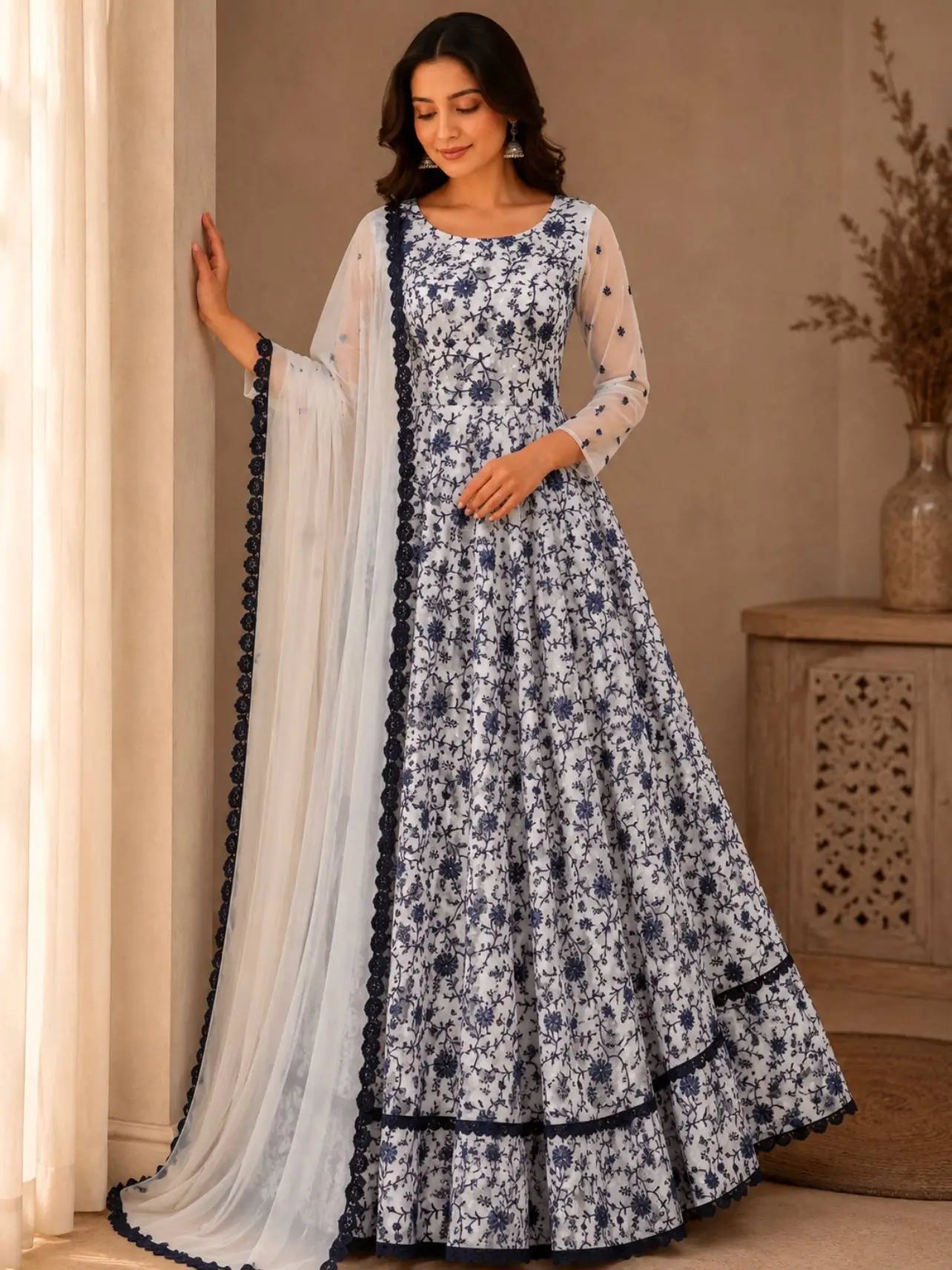 Chikankari Star Georgette Gown with GPO Lace Border