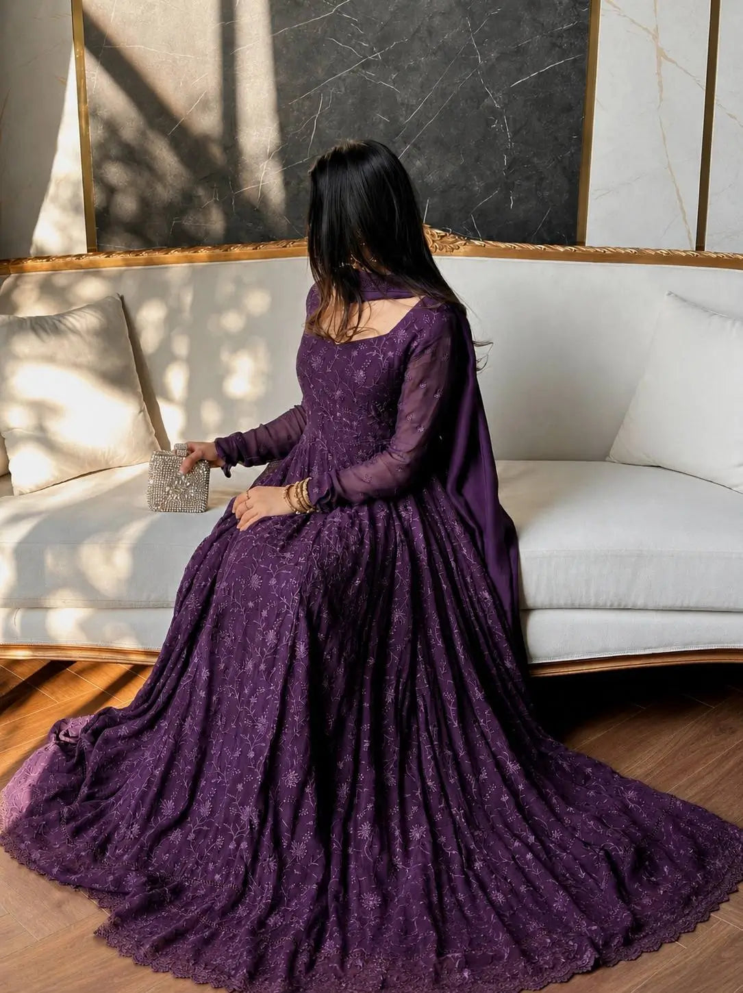 Chikankari Star Georgette Gown with GPO Lace Border