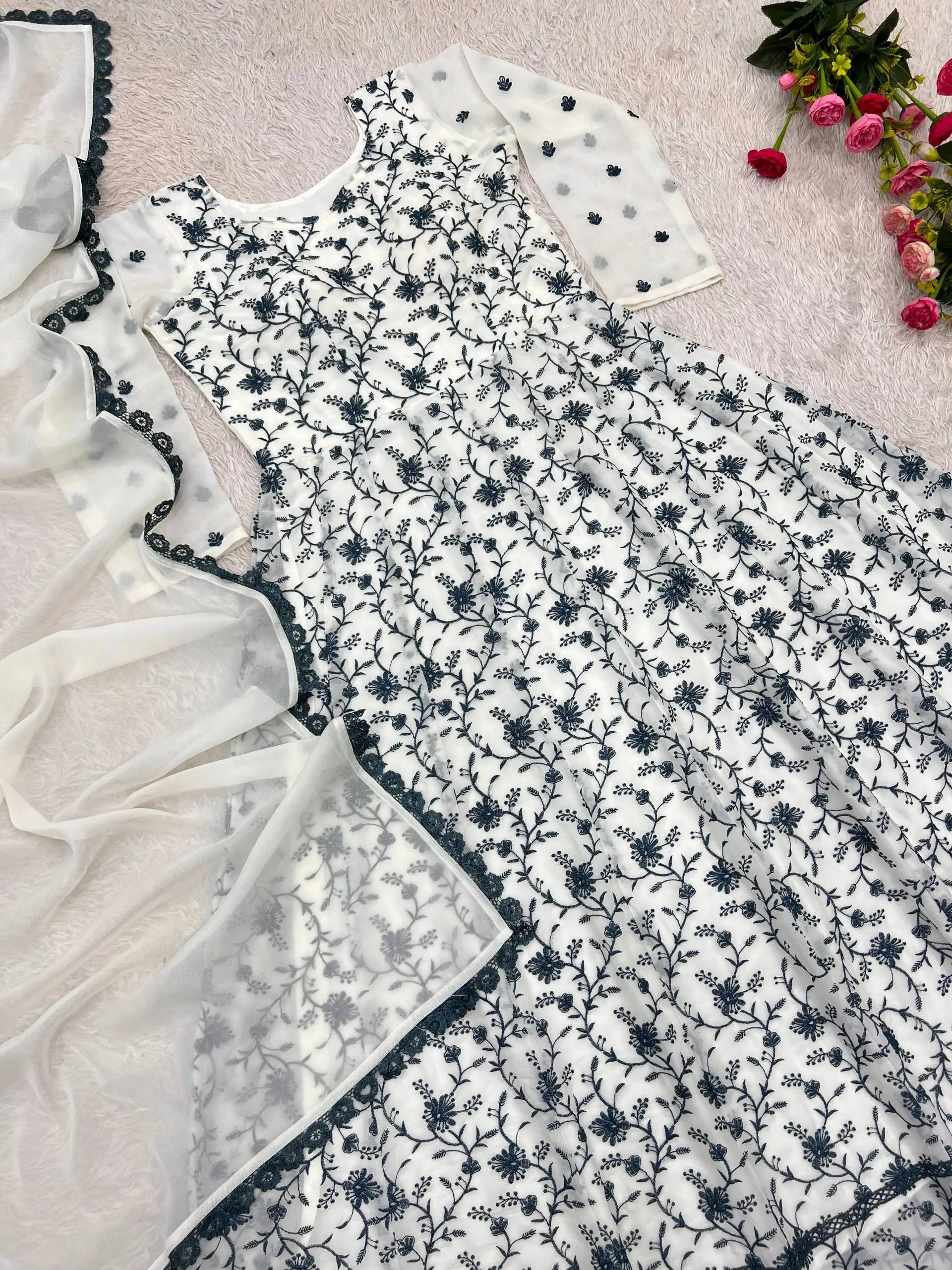Chikankari Star Georgette Gown with GPO Lace Border
