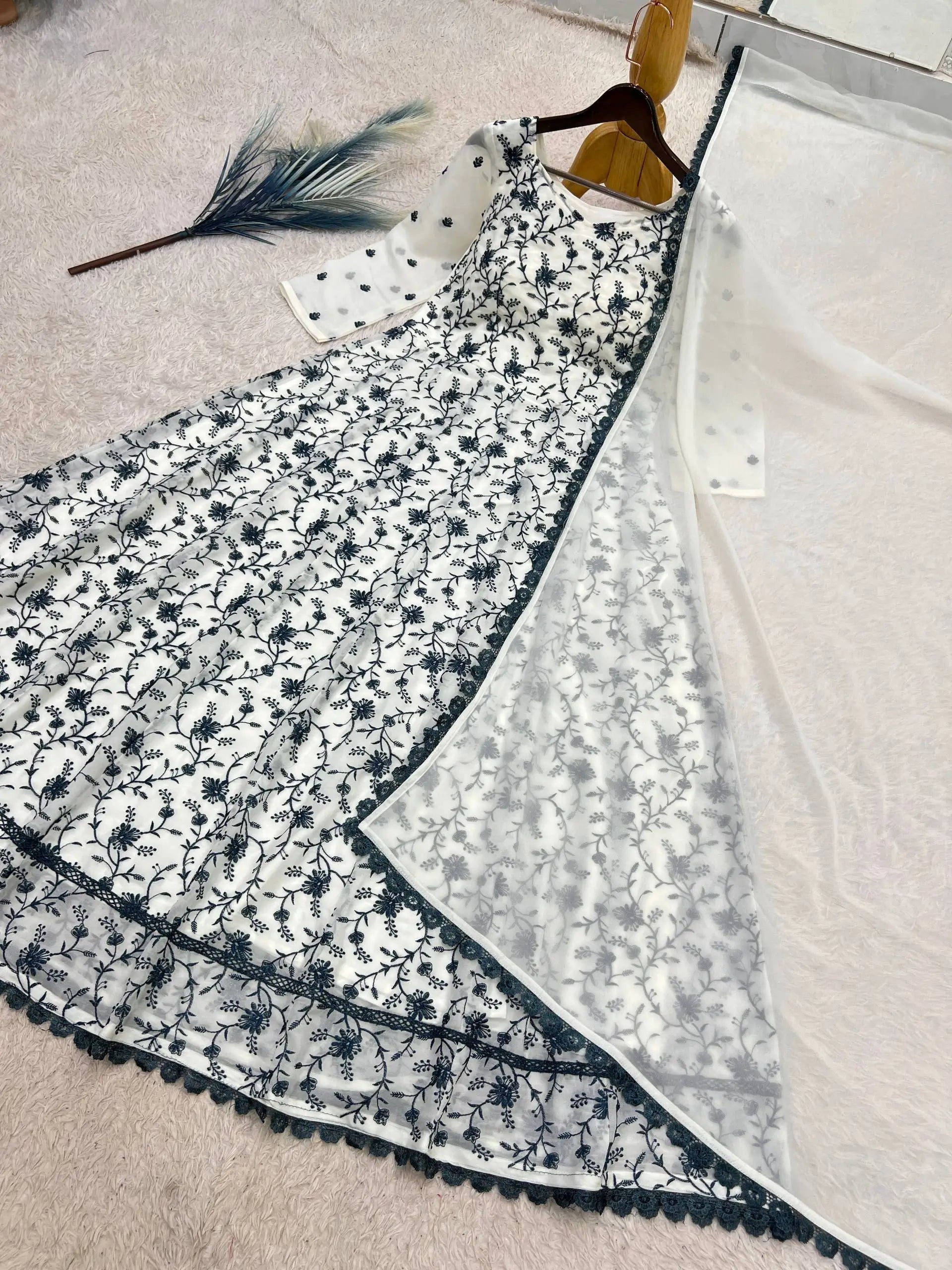 Chikankari Star Georgette Gown with GPO Lace Border