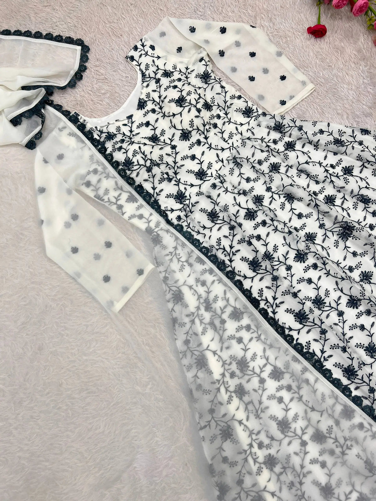 Chikankari Star Georgette Gown with GPO Lace Border