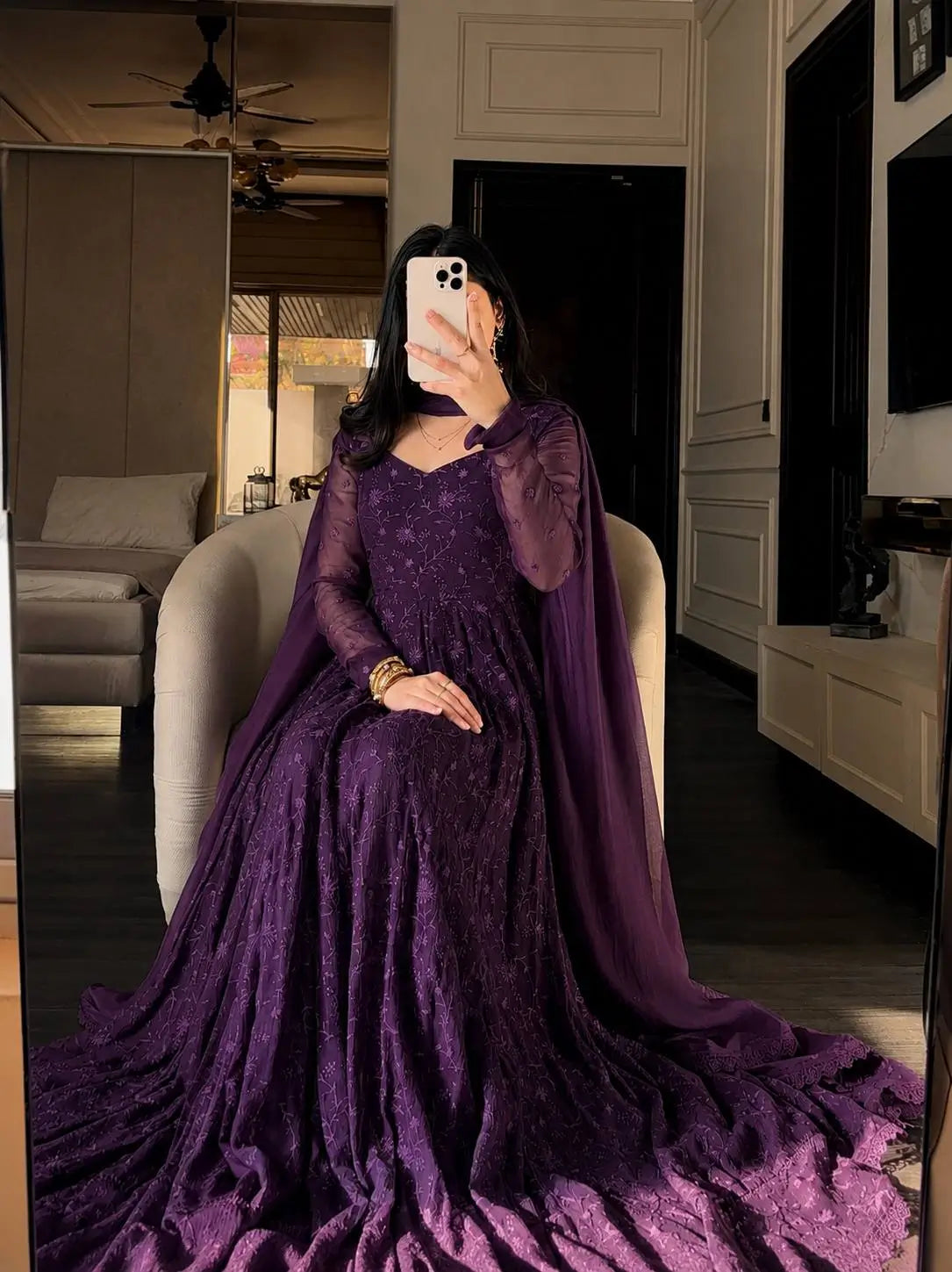Chikankari Star Georgette Gown with GPO Lace Border
