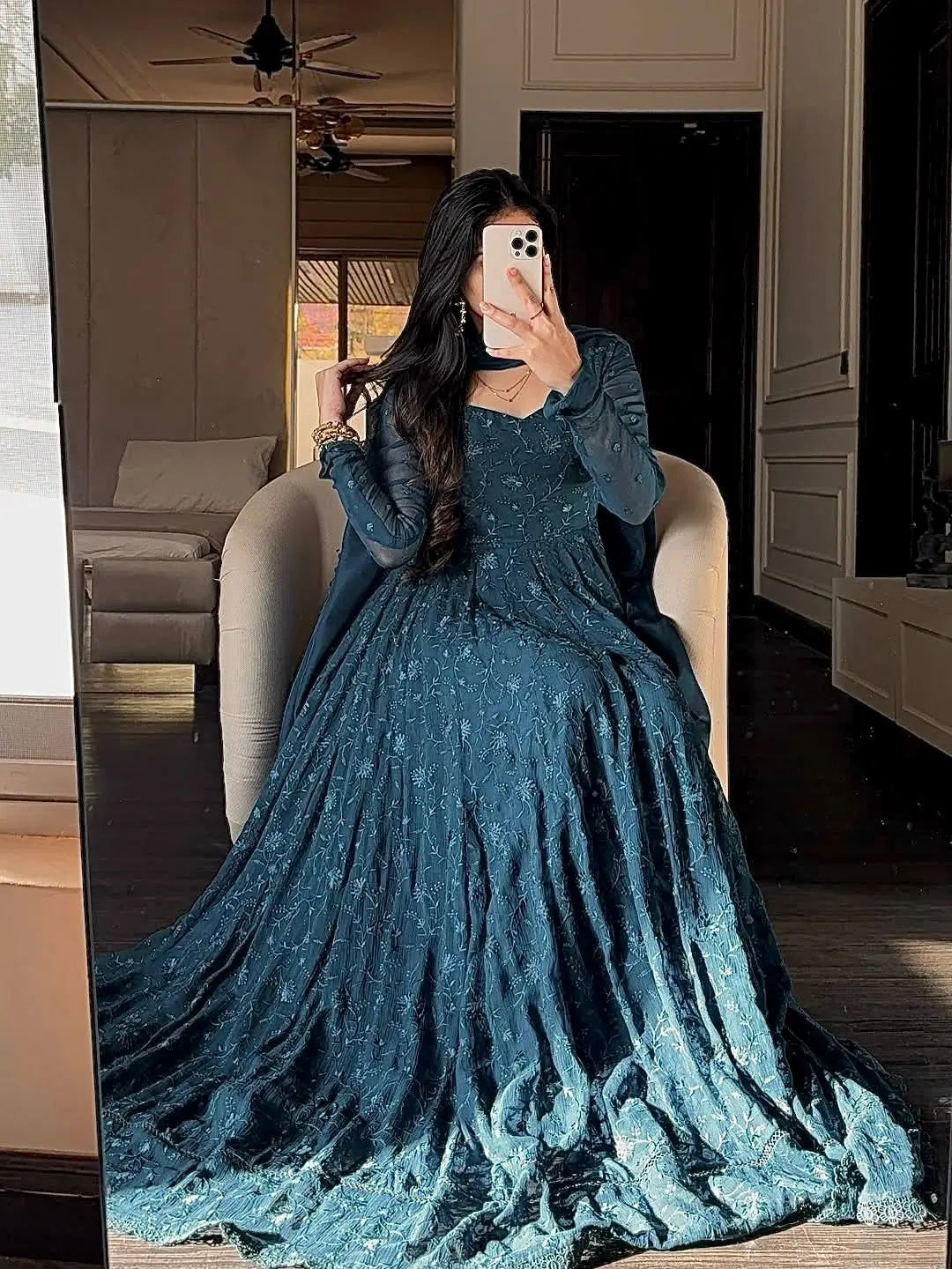 Chikankari Star Georgette Gown with GPO Lace Border