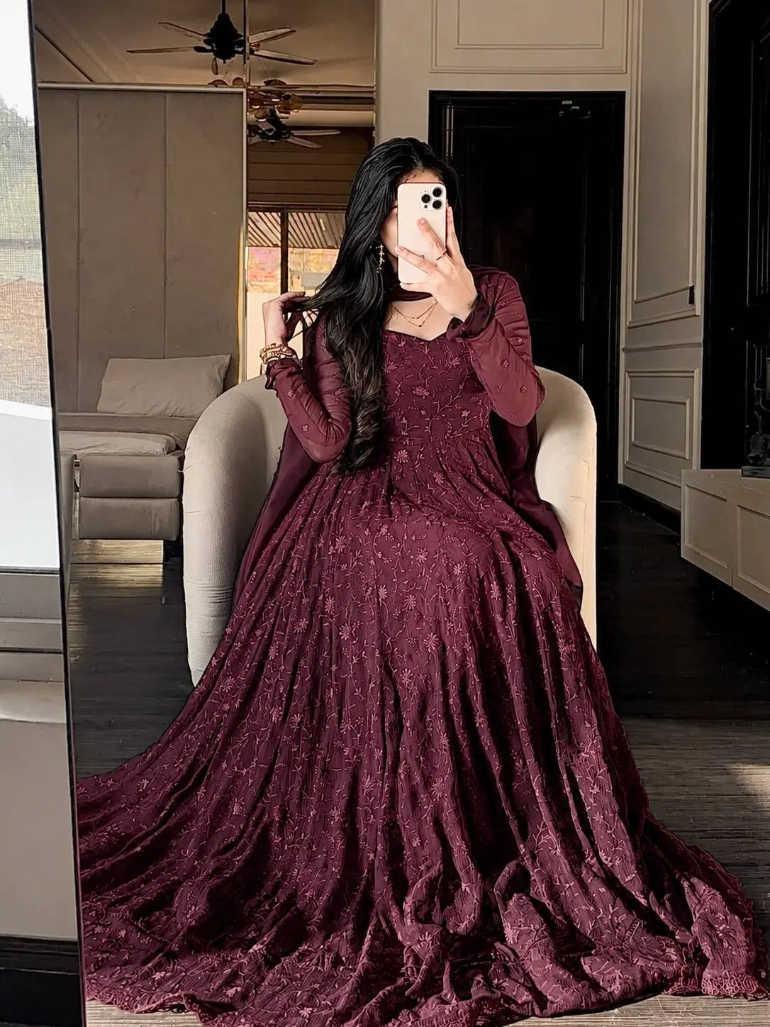 Chikankari Star Georgette Gown with GPO Lace Border