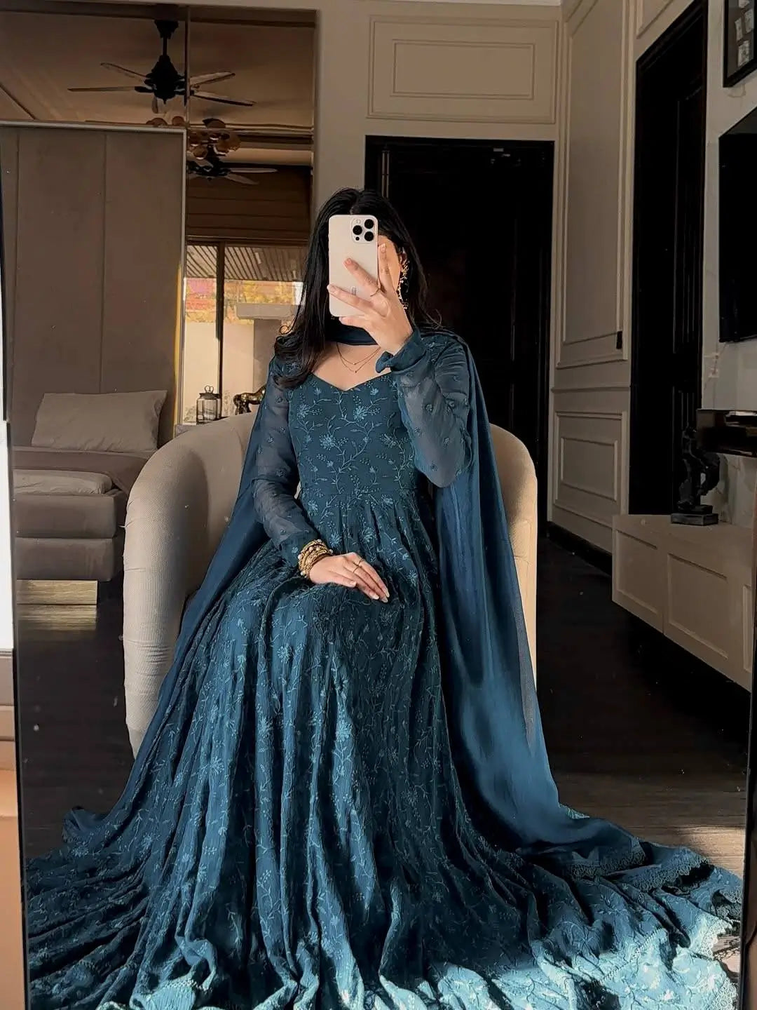 Chikankari Star Georgette Gown with GPO Lace Border