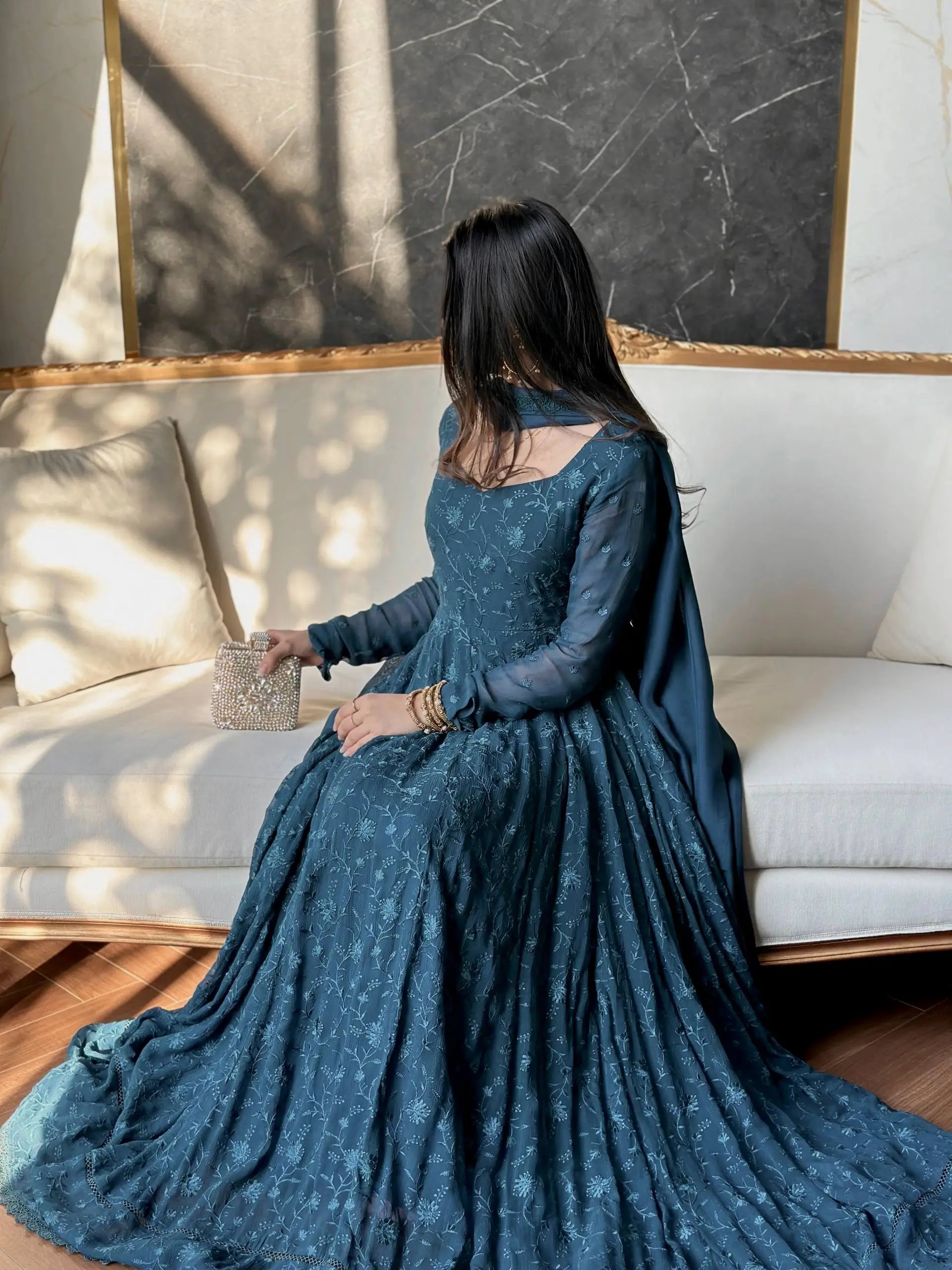 Chikankari Star Georgette Gown with GPO Lace Border