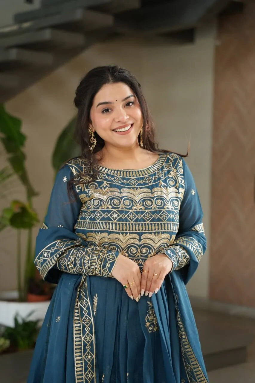 Chinnon Embroidered Gown with Dupatta | 3.5 Mtr Flair | Rama & Purple Party Wear
