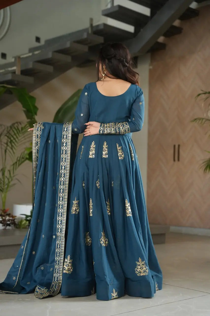 Chinnon Embroidered Gown with Dupatta | 3.5 Mtr Flair | Rama & Purple Party Wear