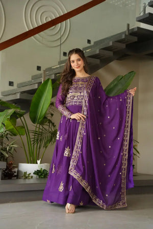 Chinnon Embroidered Gown with Dupatta | 3.5 Mtr Flair | Rama & Purple Party Wear