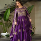 Chinnon Embroidered Gown with Dupatta | 3.5 Mtr Flair | Rama & Purple Party Wear