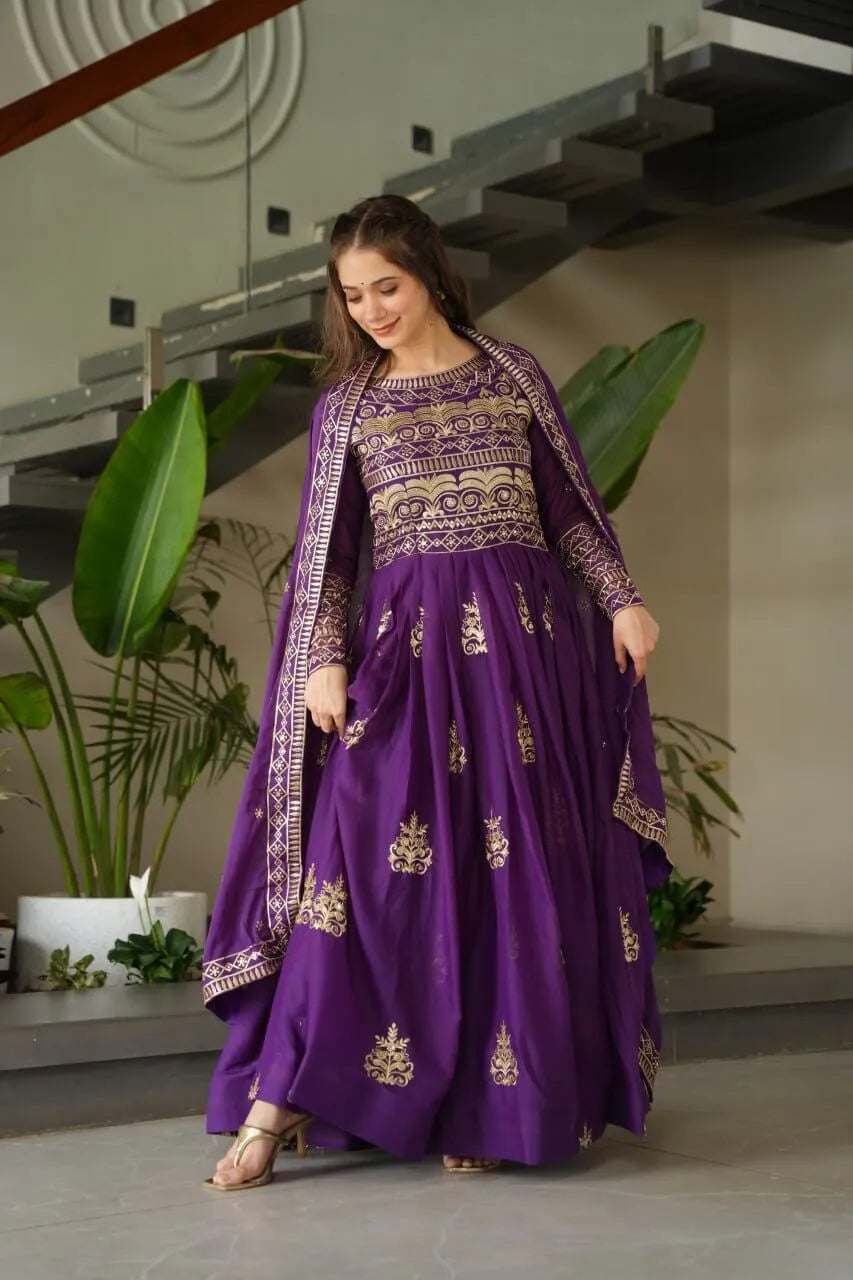Chinnon Embroidered Gown with Dupatta | 3.5 Mtr Flair | Rama & Purple Party Wear