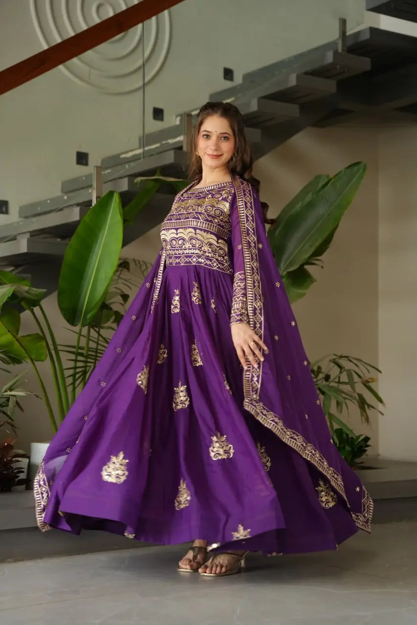 Chinnon Embroidered Gown with Dupatta | 3.5 Mtr Flair | Rama & Purple Party Wear