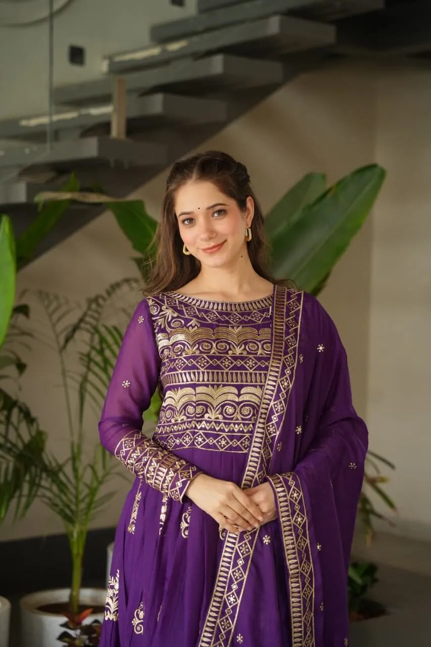Chinnon Embroidered Gown with Dupatta | 3.5 Mtr Flair | Rama & Purple Party Wear