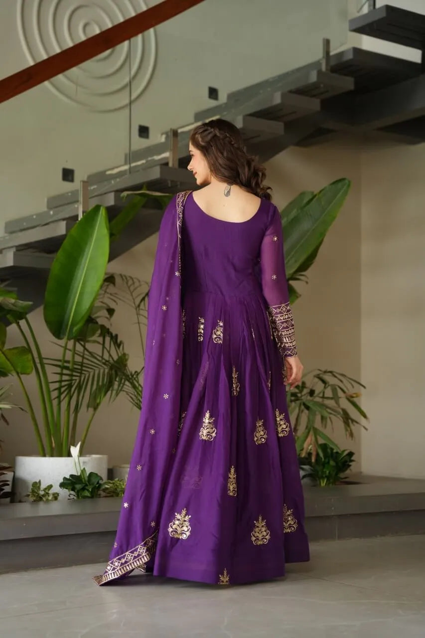 Chinnon Embroidered Gown with Dupatta | 3.5 Mtr Flair | Rama & Purple Party Wear