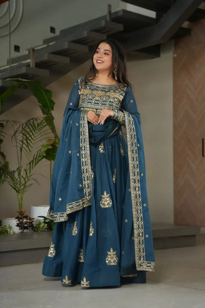 Chinnon Embroidered Gown with Dupatta | 3.5 Mtr Flair | Rama & Purple Party Wear