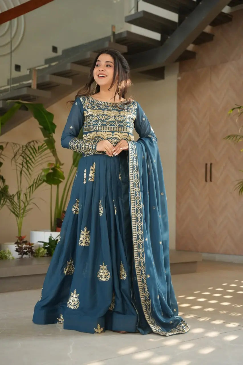 Chinnon Embroidered Gown with Dupatta | 3.5 Mtr Flair | Rama & Purple Party Wear